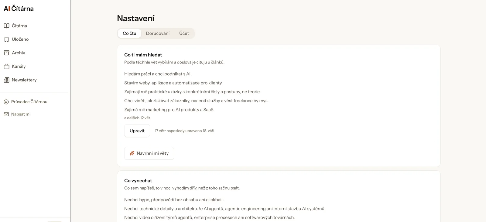 Nastavení toho, co má AI Čítárna hledat a vynechat