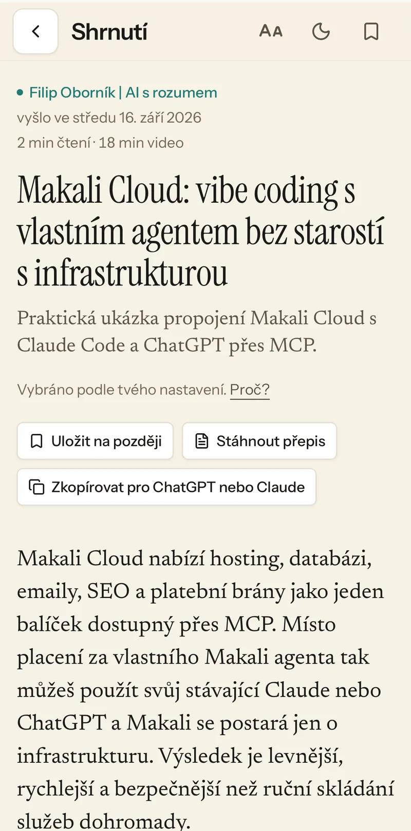 Detail shrnutí videa na telefonu